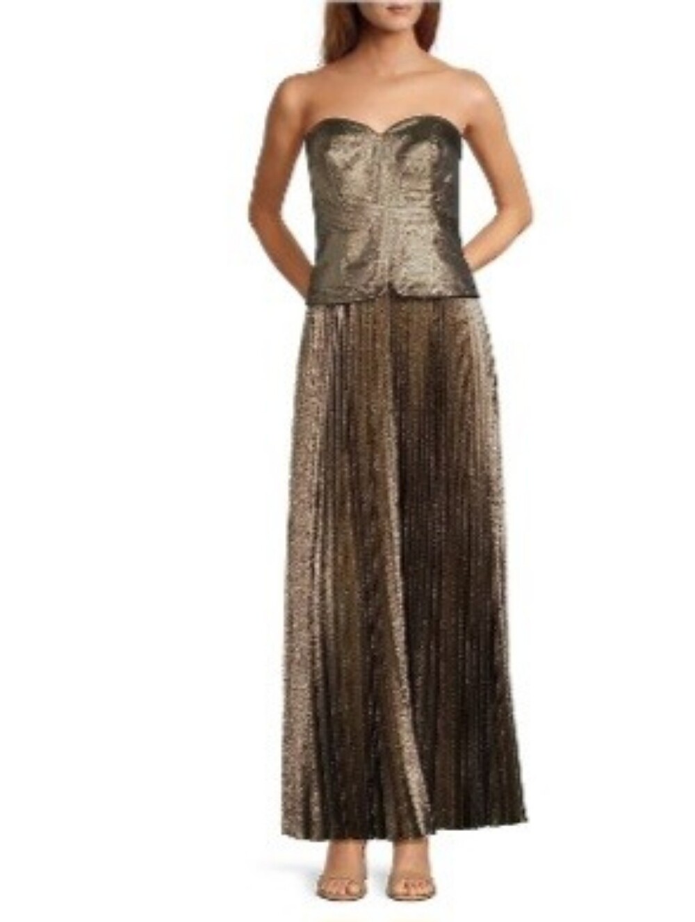 Antonio Melani Billie Crepe Strapless Pleated Metallic Maxi Dress